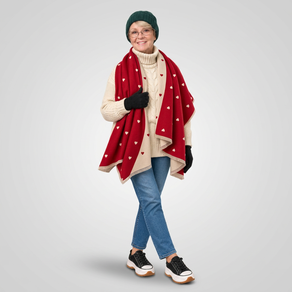 Smiling woman wearing the red and cream reversible heart wrap